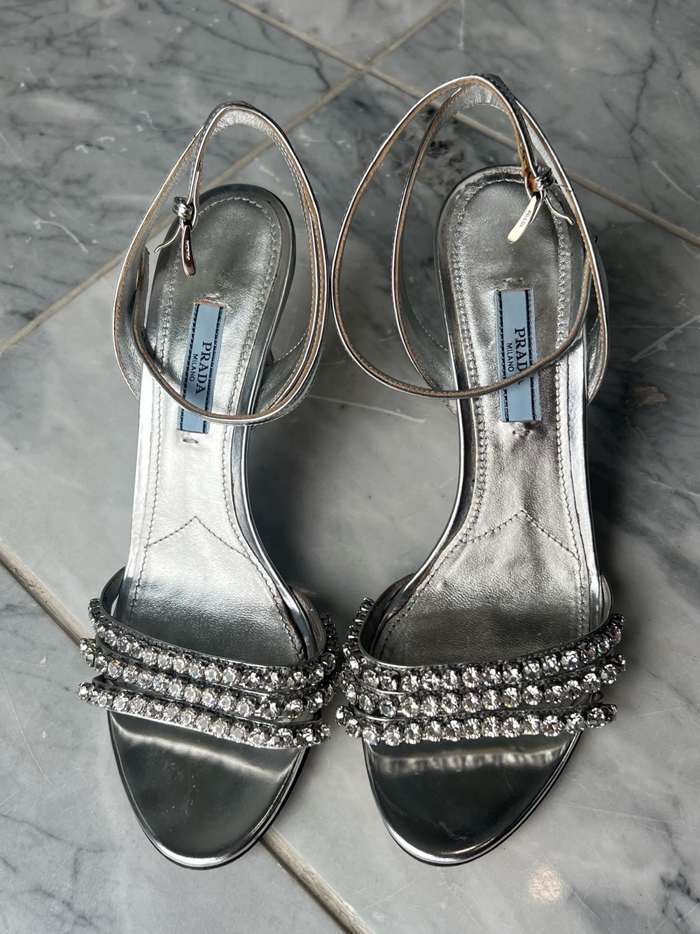 Authentic Prada Metallic Silver Crystal-Strap Heeled Sandals 7.5